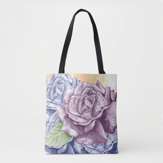 Bolso De Tela Rosas morados y azules claros en rosa suave (Anverso)