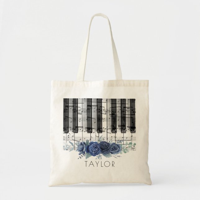 Bolso De Tela rosas musicales de piano azul (Frente)
