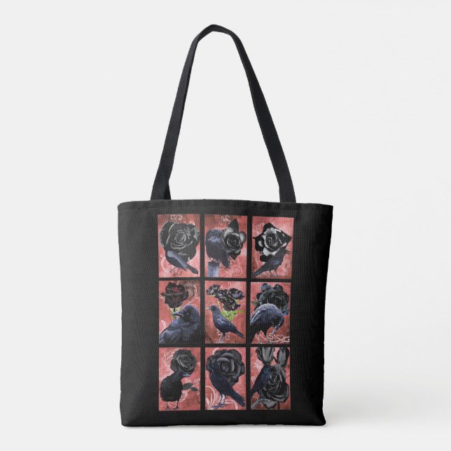 Bolso De Tela Rosas negros ravens y cuervos collage de arte góti (Reverso)