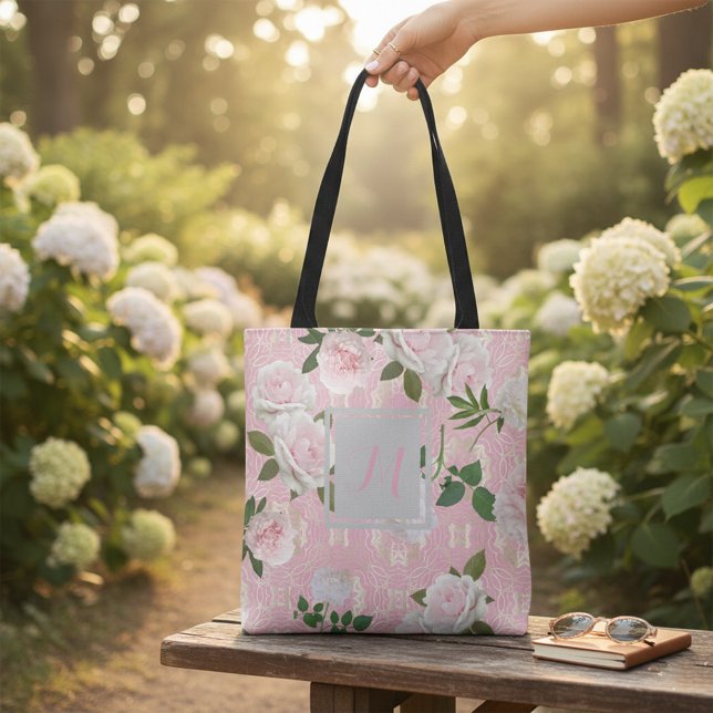 Bolso De Tela Rosas Peonies En Rubor Monograma Dámpara Rosa Y Or (Subido por el creador)