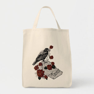 Bolso De Tela Rosas, Ravens y Skull Tote Grocerge Bag
