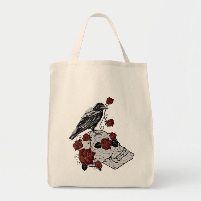 Bolso De Tela Rosas, Ravens y Skull Tote Grocerge Bag (Frente)