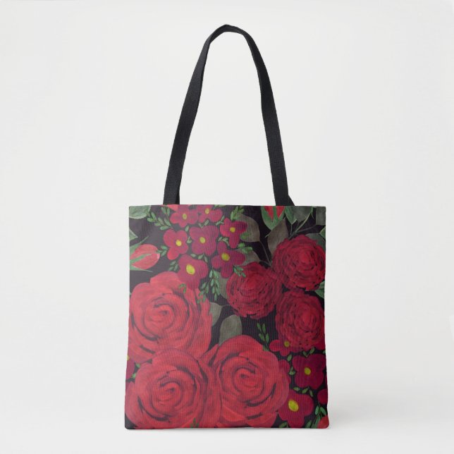 Bolso De Tela rosas rojas acuarelas sobre negro, (Anverso)