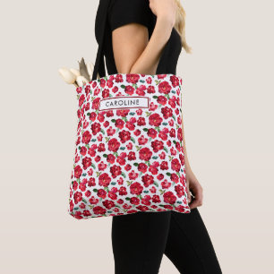 Bolso De Tela Rosas Rojas Vibrantes Femeninas Patrón Nombre Pers