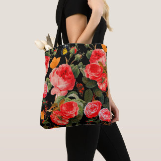 Bolso De Tela ROSAS ROJAS Y MARIPOSAS AMARILLAS Flores Negras