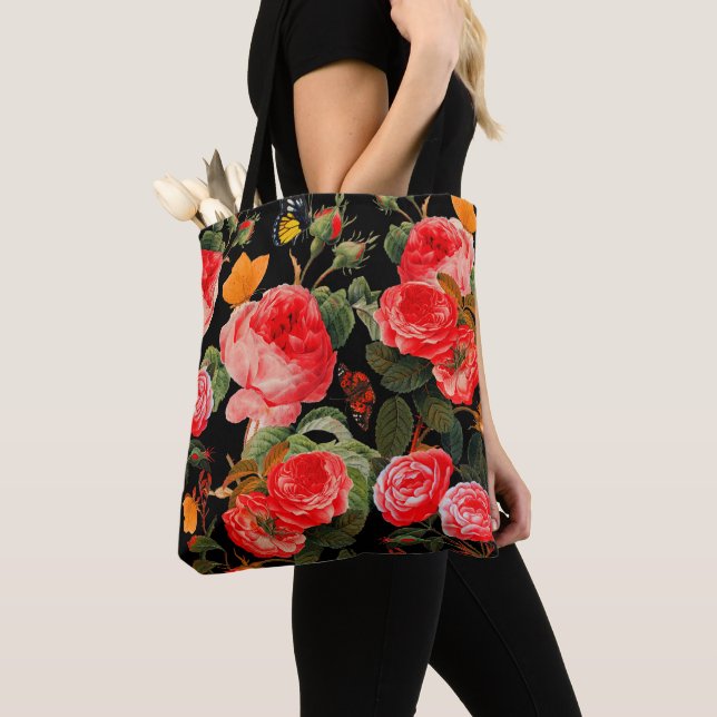 Bolso De Tela ROSAS ROJAS Y MARIPOSAS AMARILLAS Flores Negras (Detalle)