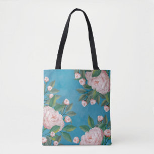 Bolso De Tela Rosas rosa pálido con fondo azul marino
