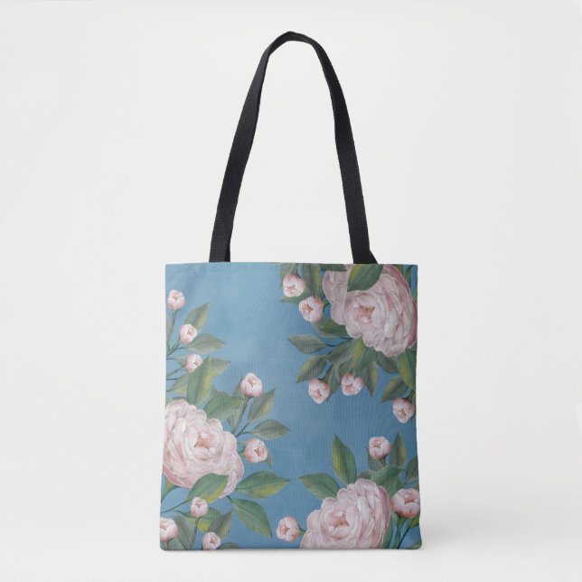 Bolso De Tela Rosas rosa pálido con fondo azul marino (Anverso)