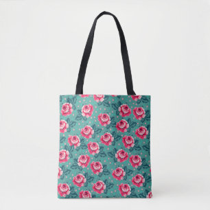 Bolso De Tela Rosas rosadas bonitas y patrón de lunares en azul