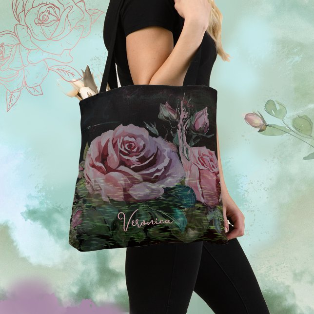 Bolso De Tela Rosas rosadas sobre negro  (Pink Roses on Black Tote Bag)