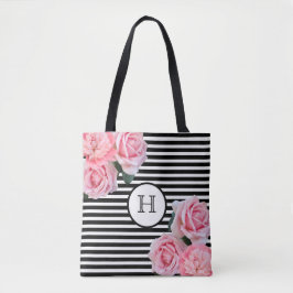 Bolso De Tela Rosas rosas rosas flores rayas blancas negras mono