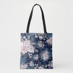 Bolso De Tela Rosas rosas rosas oscuras azul: Vintage