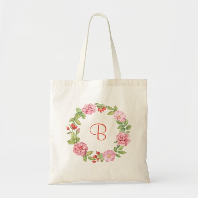 Bolso De Tela Rosas silvestres y escaramujos rosados personaliza (Frente)