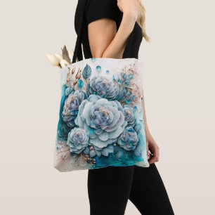 Bolso De Tela Rosas turquesas y doradas a gran escala