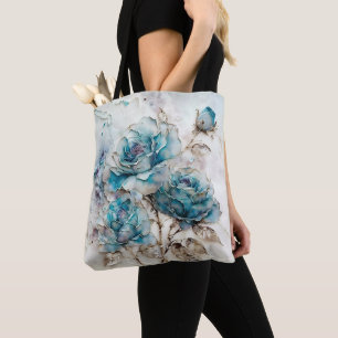 Bolso De Tela Rosas turquesas y doradas a gran escala