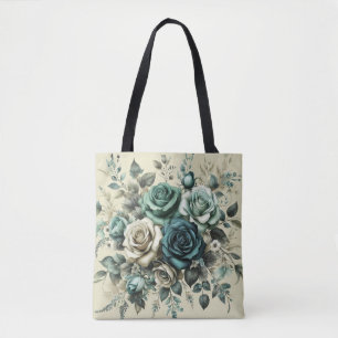 Bolso De Tela Rosas verde azuladas y blancas