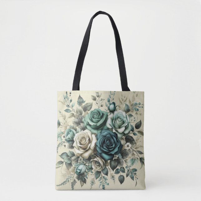 Bolso De Tela Rosas verde azuladas y blancas (Anverso)