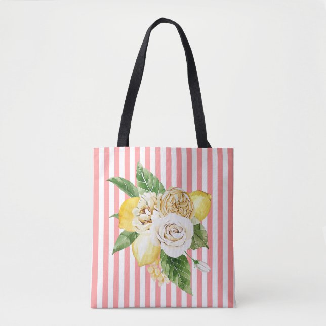 Bolso De Tela Rosas y limones con rayas rosas (Anverso)