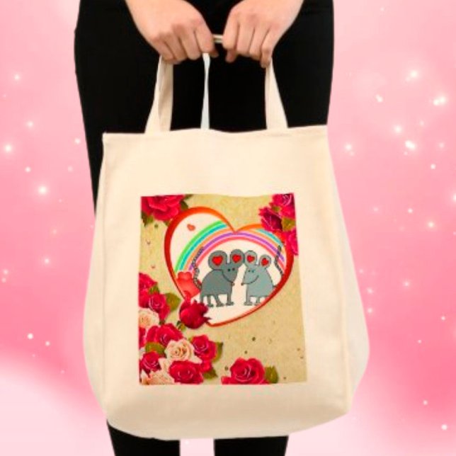 Bolso De Tela Rosas y ratones de marco cardíaco con arcoiris (Roses and Heart Frame Mice with Rainbow Tote Bag)