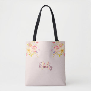 Bolso De Tela Roses amarillas rosadas de color de agua, monogram