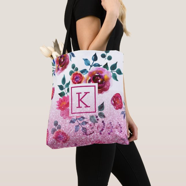 Bolso De Tela Roses rosados acuarelas pintadas a mano (Detalle)