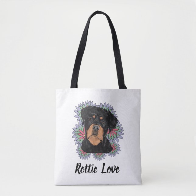 Bolso De Tela Rottie Love tote– Whimsical Rottweiler Art (Anverso)