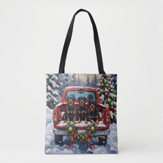 Bolso De Tela Rottweiler Christmas Red Truck Holiday (Anverso)