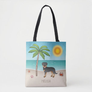 Bolso De Tela Rottweiler negro y marrón en una playa tropical de