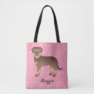 Bolso De Tela Rottweiler Rojo y Beige en Corazones Rosas y Nombr