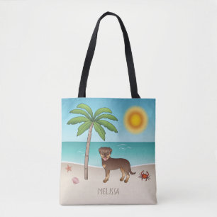 Bolso De Tela Rottweiler Rojo y Canela en una Playa Tropical de