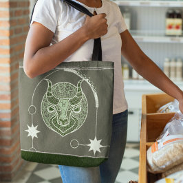 Bolso De Tela Rótulo Taurus Zodiac Mandala verde y blanca