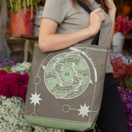 Bolso De Tela Rótulo Zodiac Pisces Mandala verde y gris