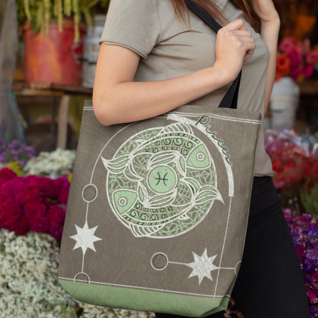 Bolso De Tela Rótulo Zodiac Pisces Mandala verde y gris (Subido por el creador)