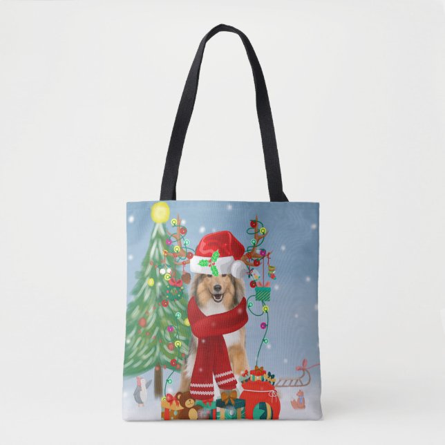 Bolso De Tela Rough Collie Dog in Snow Navidades (Anverso)