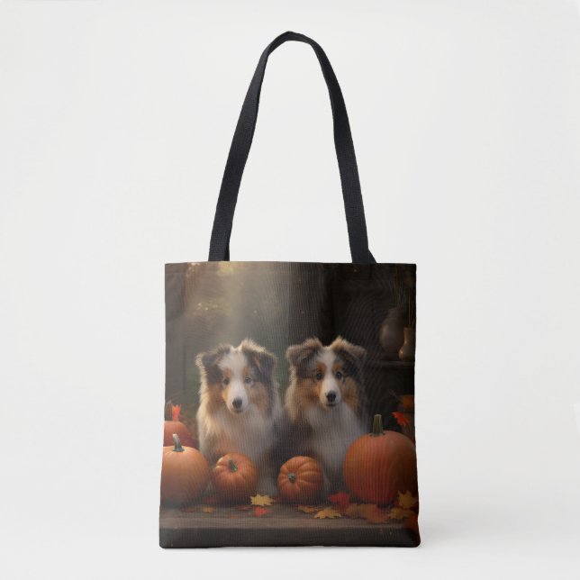Bolso De Tela Rough Collie Puppy Calabaza deslumbrante otoño (Anverso)