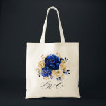 Bolso De Tela Royal Blue Yellow Gold Metallallic Floral Bride<br><div class="desc">Elegante bolso de tote con tema de oro azul real con elegante ramo de azul real,  Marina,  oro,  flores de rosa de color amarillo y hojas de eucalipto. Comuníquese conmigo para obtener ayuda sobre la personalización o si necesita cualquier otro producto con este diseño.</div>