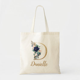 Bolso De Tela Rubor Azul Marino Floral Letra D Dorada