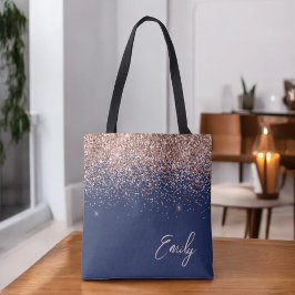 Bolso De Tela Rubor Azul Marino Rosa Dorado Glitter Monograma