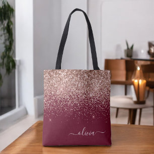 Bolso De Tela Rubor de Borgoña Rosa Dorado Glitter Monograma