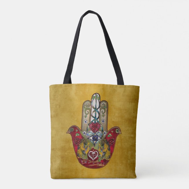 Bolso De Tela Ruby Pomegranate Heart Red Bird Hamsa (Reverso)