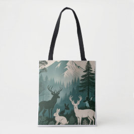 Bolso De Tela Rustic Woodland Wildlife Deer Rabbit Mountain Scen