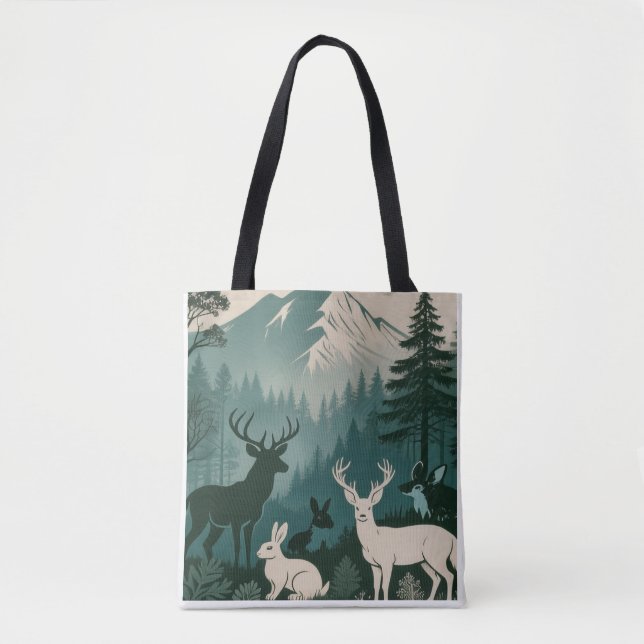 Bolso De Tela Rustic Woodland Wildlife Deer Rabbit Mountain Scen (Anverso)