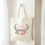 Bolso De Tela Rústico Antlers florales de Boho con nombre<br><div class="desc">Un diseño rústico inspirado en el boho con cantos de ciervo adornados con un ramo de flores color rosa y melocotón. Inserte su nombre u otro texto deseado en lugar del nombre de ejemplo que se muestra. También puede eliminar el texto si prefiere este elemento sin él.</div>