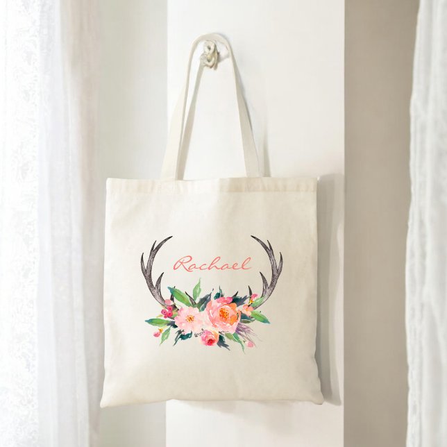 Bolso De Tela Rústico Antlers florales de Boho con nombre (Personalize with any name.)