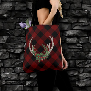 Bolso De Tela Rústico Boho Deer Antlers   Navidades Plaid Floral