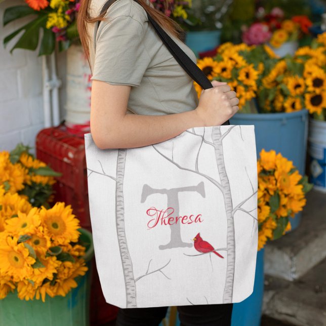 Bolso De Tela Rústico Bosque Artístico Rojo Pájaro Elegante País (Winter red cardinal and birch tree monogram tote bag)
