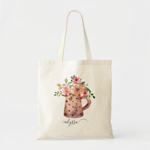Bolso De Tela Rústico Pitcher Peach & Mauve Watercolor Floral