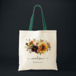 Bolso De Tela Rústico Sunflower Floral acuarela Nombre Bridesmai<br><div class="desc">Rustic Moderno Girasol Borgoña Morado Otoño Caída Floral Watercolor Elegante Girly Script Nombre Boda Bridesmaid Tote Bag</div>