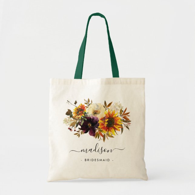 Bolso De Tela Rústico Sunflower Floral acuarela Nombre Bridesmai (Frente)