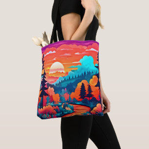 Bolso De Tela Ruta del atardecer a través del bosque otoñal